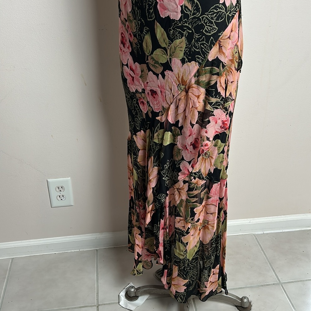Vintage Eva Blue Chiffon Floral Layered Skirt Maxi Black Pink Dress size 12 - Picture 6 of 17